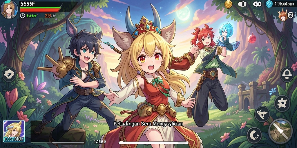 Screenshot utama 555F menampilkan aksi seru dari karakter anime.