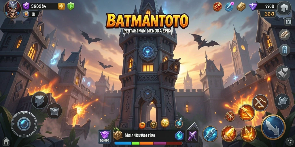 Tampilan gameplay <strong>BATMANTOTO</strong> dengan berbagai menara pertahanan yang strategis.