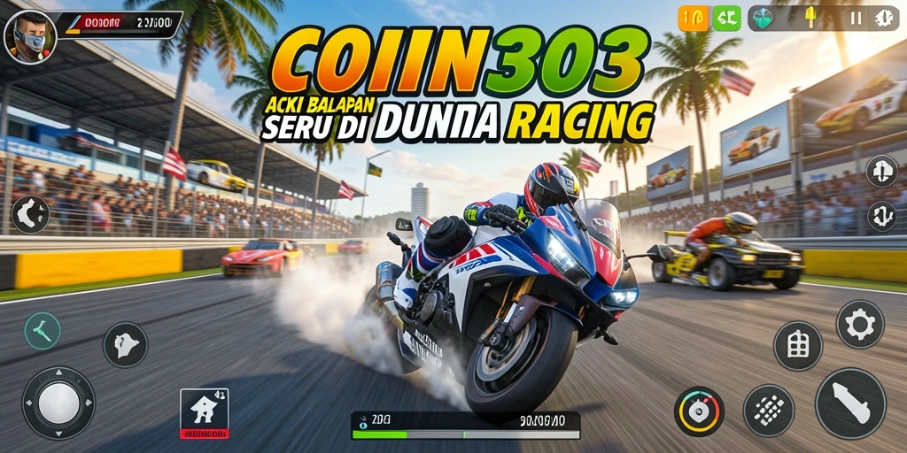 Screenshot COIN303 menunjukkan momen balapan seru dengan mobil yang melaju kencang.