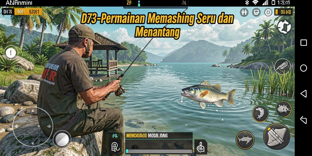 Screenshot gameplay D73 menampilkan aksi memancing yang mendebarkan.
