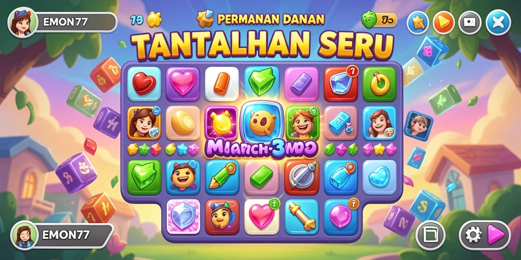 Tampilan menarik dari gameplay Match-3 di EMON77.