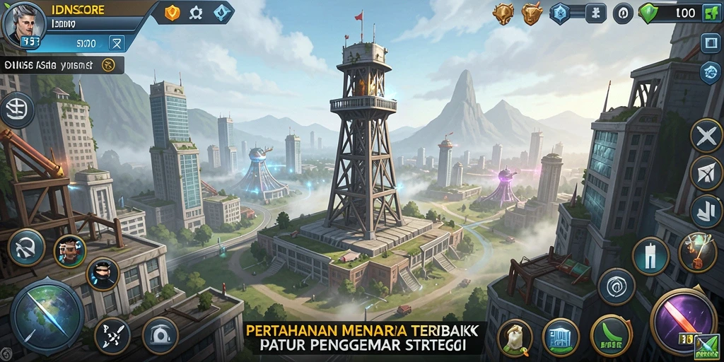 Screenshot gameplay IDNSCORE yang menampilkan aksi pertahanan menara.