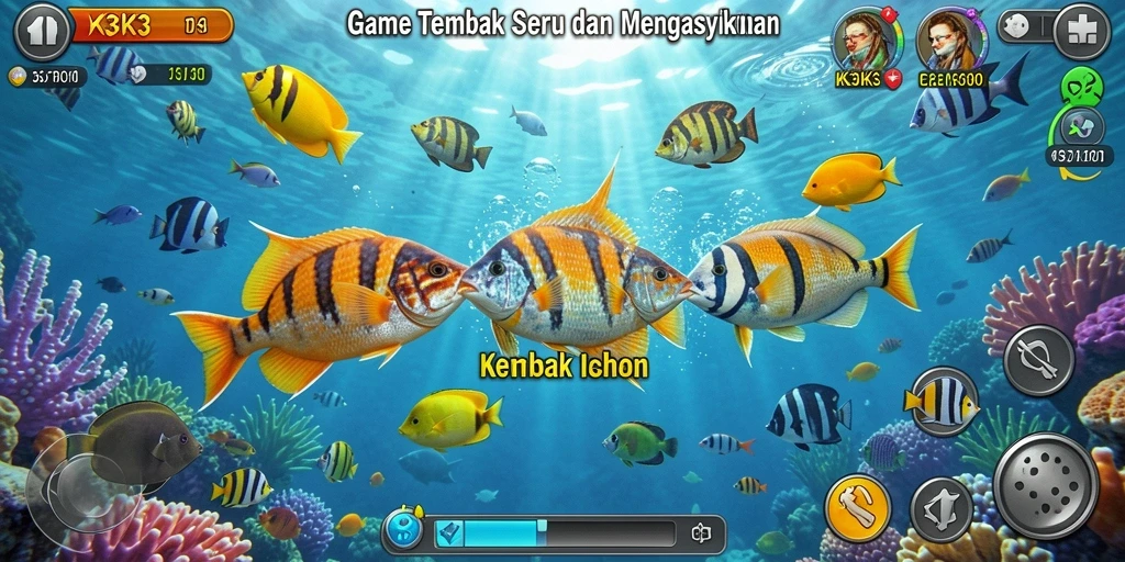Screenshot utama K3K3 menampilkan gameplay seru dalam menangkap ikan.