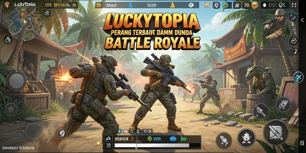 Screenshot gameplay LUCKYTOPIA yang menampilkan aksi pertempuran mendebarkan.