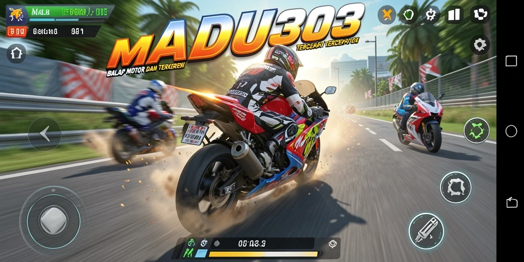Screenshot permainan yang menunjukkan balap motor yang intens.