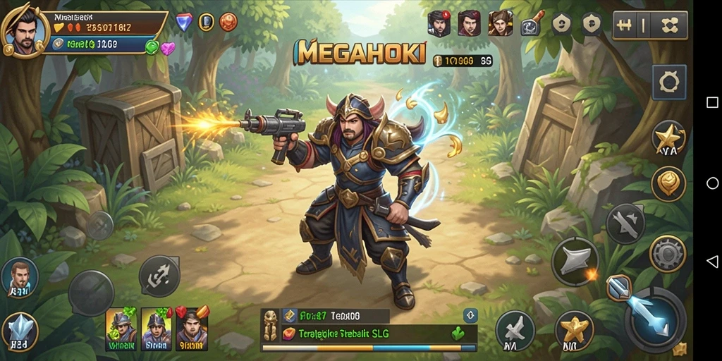 Tangkapan layar utama MEGAHOKI yang menampilkan aksi pertempuran strategis.