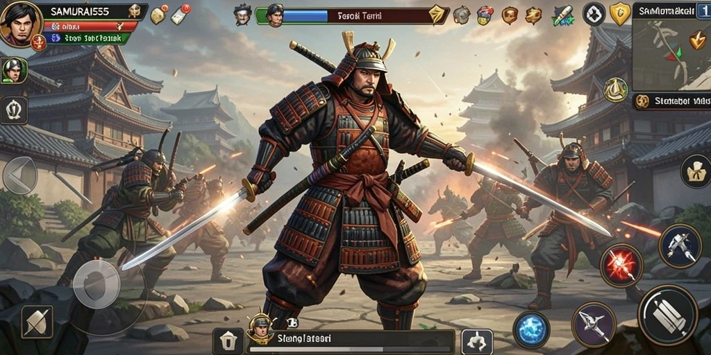 Gameplay menegangkan dalam SAMURAI555 dengan strategi tempur yang mendalam.
