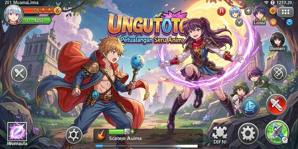 Tampilan gameplay UNGUTOTO dengan karakter anime yang menarik.